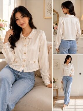 J. Crew White Luster Crepe Shirt-Jacket with Gold Buttons